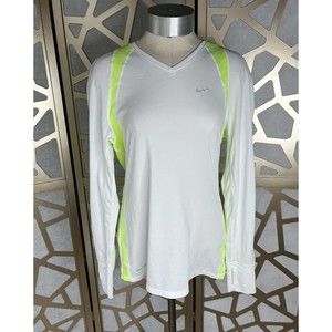 Nike Dri-Fit V-Neck LS Running Training Shirt Womens Size M medium white green